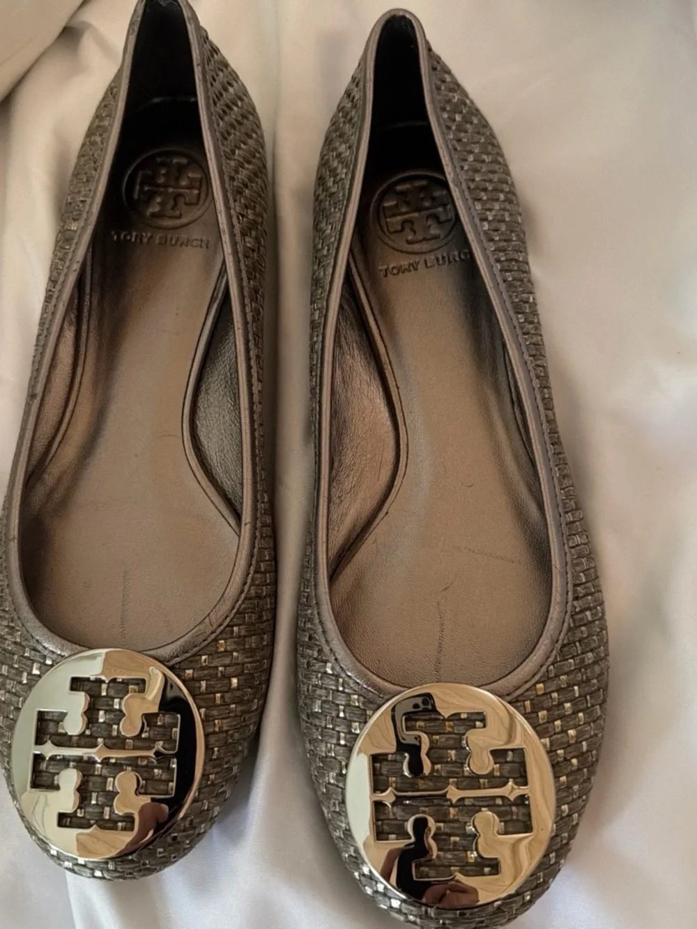 Tory Burch Metallic Pewter Woven Logo Ballet Flats 81/2M